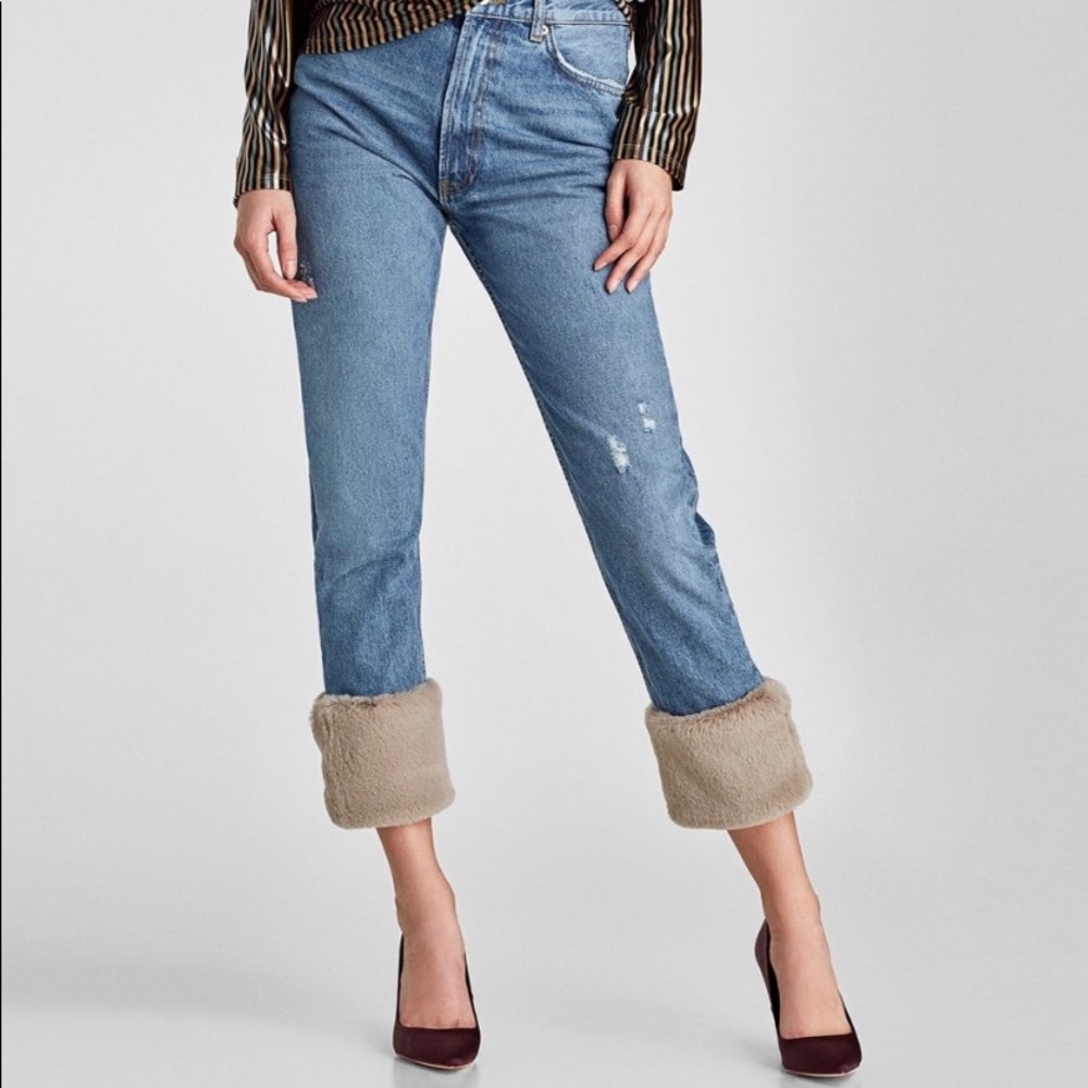 Zara Woman Faux Fur Cuff Distressed Ankle Jeans